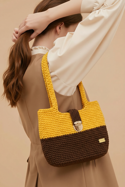 Golden yellow with dark brown colour tote bag