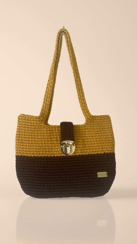 Golden yellow with dark brown colour tote bag