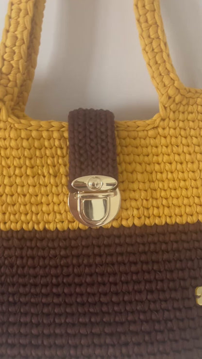 Golden yellow with dark brown colour tote bag