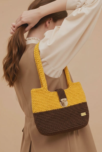Golden yellow with dark brown colour tote bag